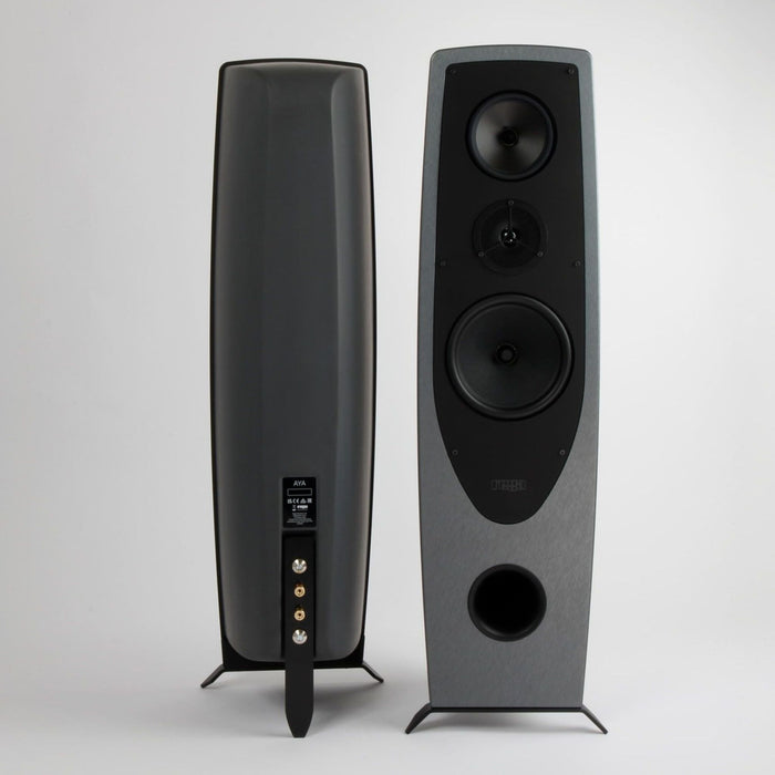 Rega Aya Floorstanding Speakers, combined front and rear view