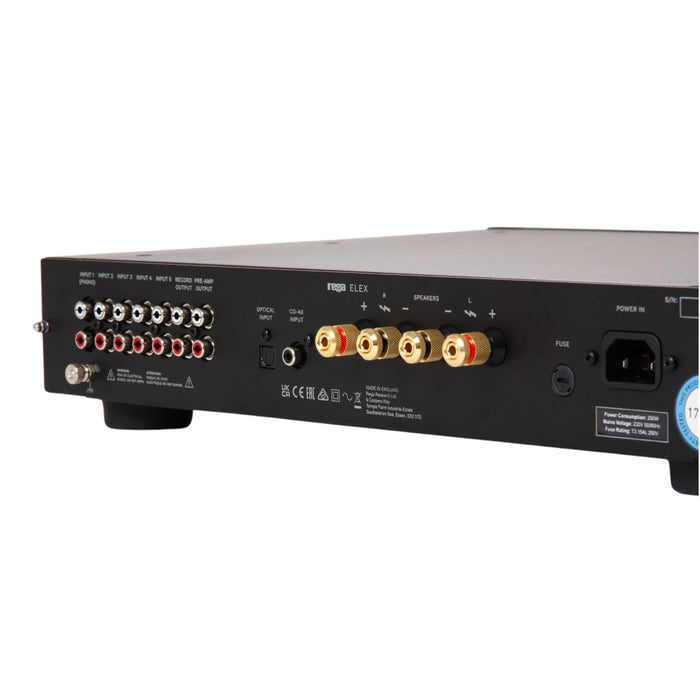 Rega Elex MK4 Stereo Integrated Amplifier rear panel, inputs and outputs close up