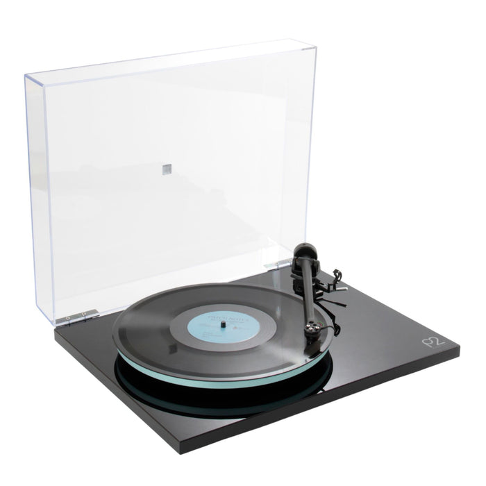 Rega Planar 2 Belt-Drive Turntable with Nd3 MM Cartridge with open dust cover angled view