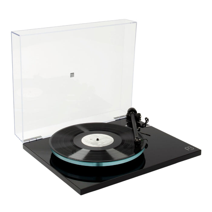 Rega Planar 3 Belt-Drive Turntable, gloss black with dust cover, angled view