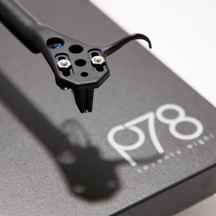 Rega Planar 78 Turntable, cartridge and P78 badge close up