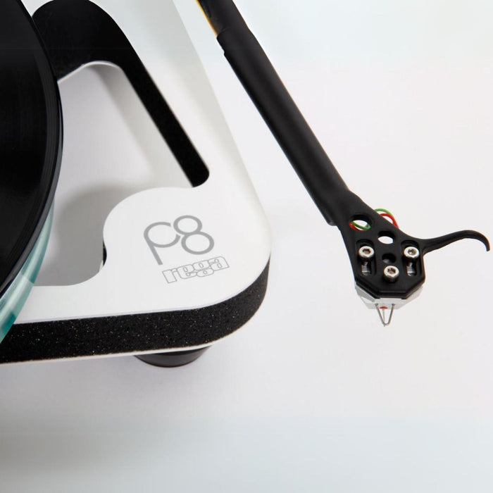 Rega Planar 8 Belt-Drive Turntable, matt white hero shot, P8 badging and cartridge close up