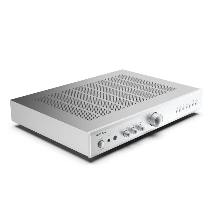 Rotel A11 Mkll Stereo Integrated Amplifier, silver finish left angled view