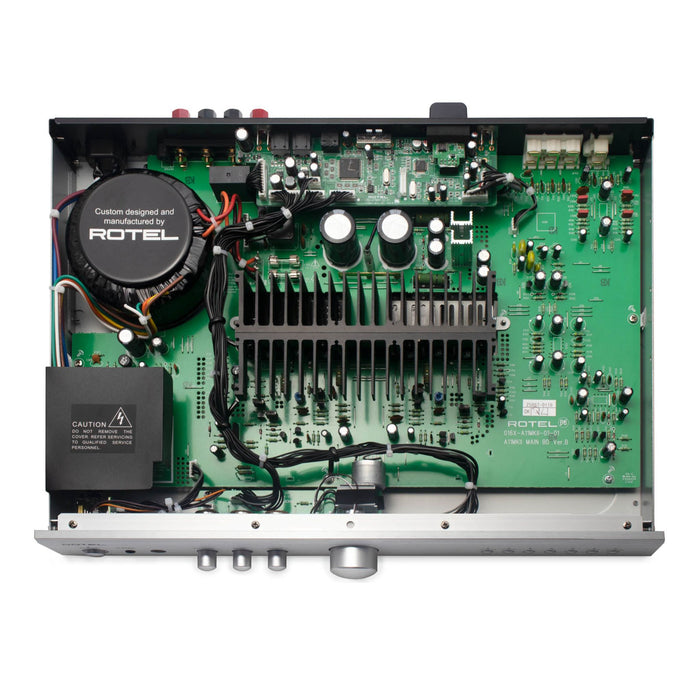 Rotel A11 Mkll Stereo Integrated Amplifier, top view with cover removed showing internal components