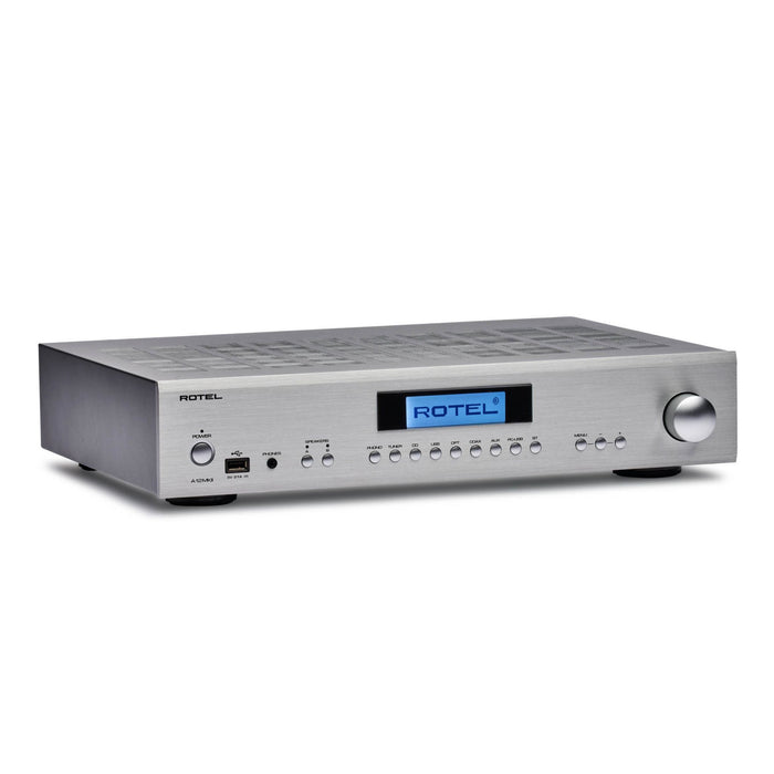 Rotel A12 Mkll Stereo Integrated Amplifier, silver finish left angled view