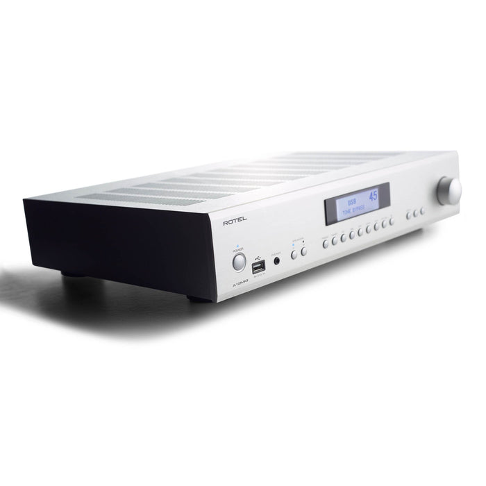 Rotel A12 Mkll Stereo Integrated Amplifier, detailed silver finish left angled view