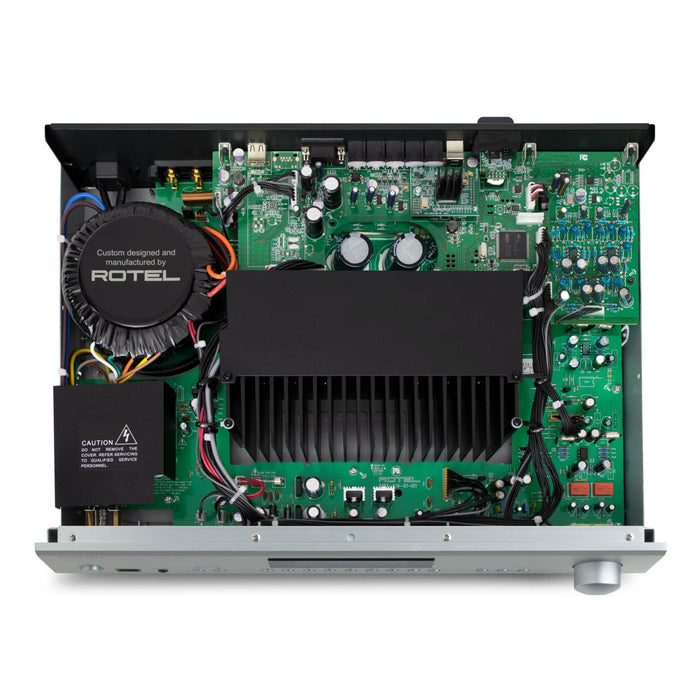Rotel A12 Mkll Stereo Integrated Amplifier, top view with cover removed showing internal components