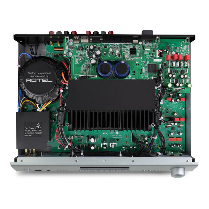 Rotel A14 Mkll Stereo Integrated Amplifier, top view with cover removed showing internal components