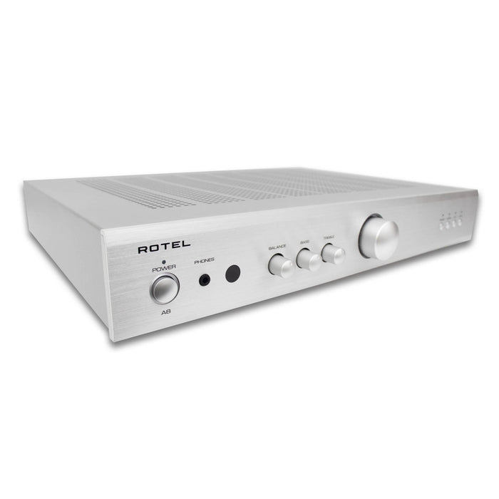 Rotel A8 Stereo Integrated Amplifier, silver finish left angled view