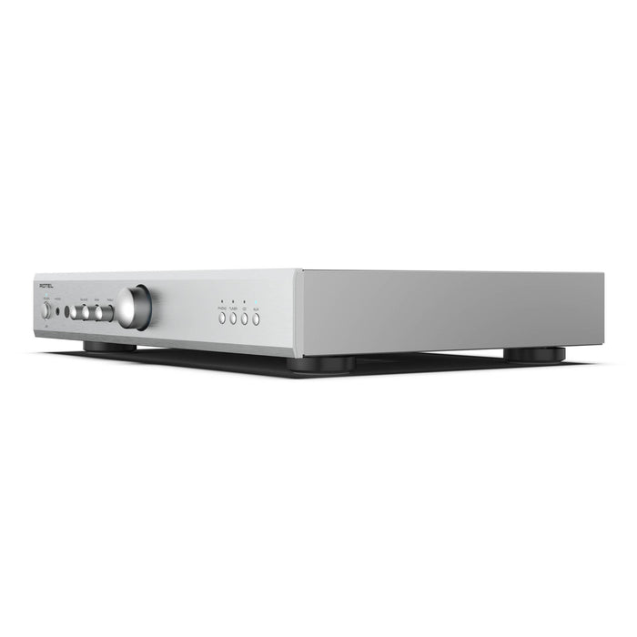 Rotel A8 Stereo Integrated Amplifier, silver finish right angled view