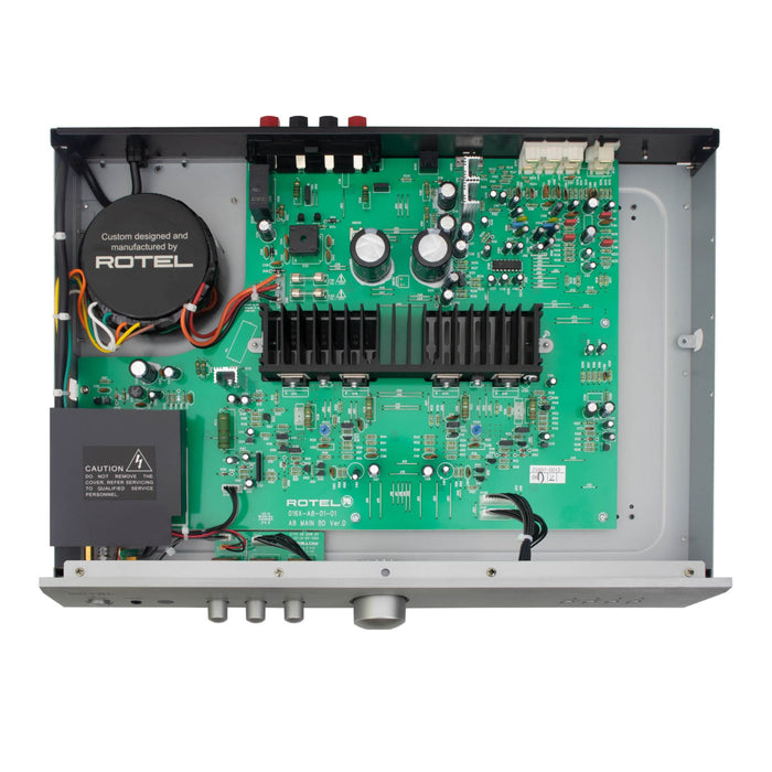 Rotel A8 Stereo Integrated Amplifier, top view with cover removed showing internal components