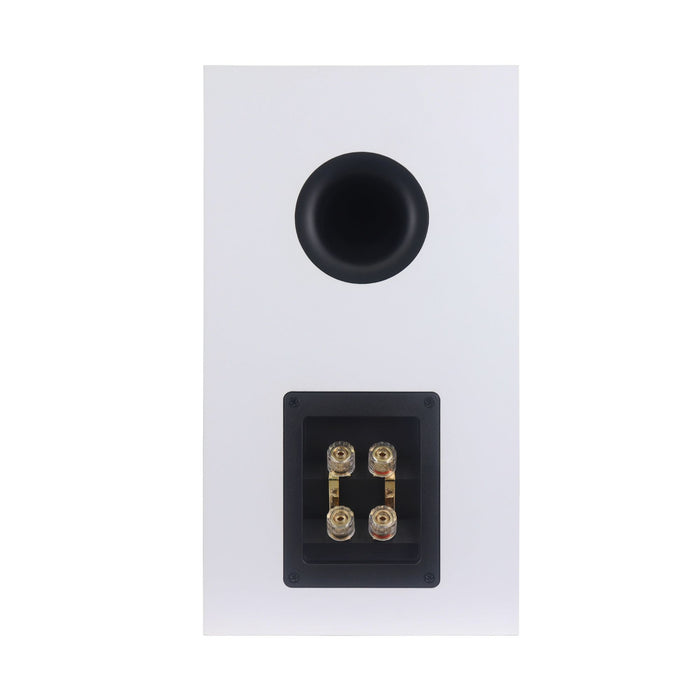 Rotel Amora 5 Bookshelf Speakers rear view, in white