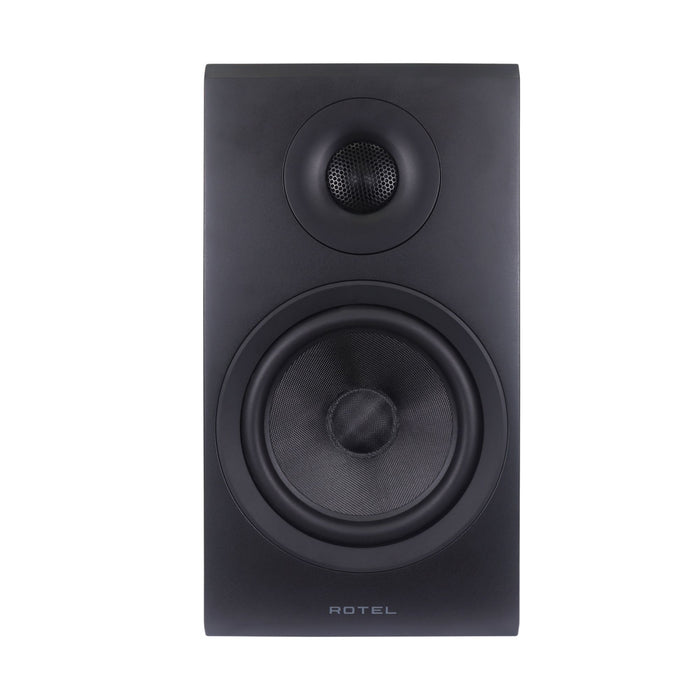 Rotel Amora 5 Bookshelf Speakers front view, in black