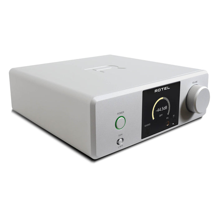 Rotel DX-3 Headphone Amplifier, silver finish left angled view