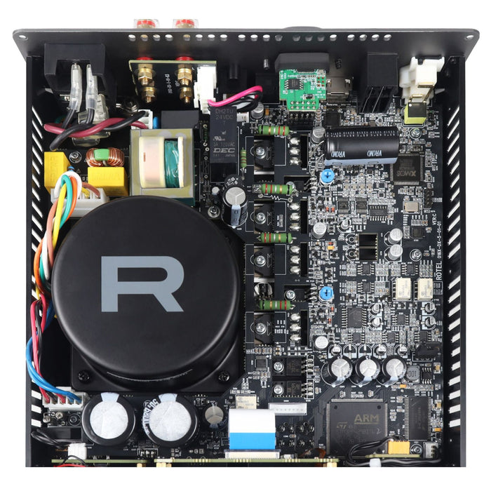 Rotel DX-5 Stereo Integrated Amplifier, top view with cover removed showing internal components