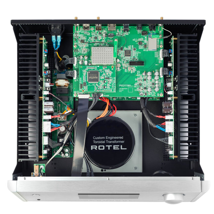 Rotel RAS-5000 Streaming Integrated Amplifier. top view with cover removed showing internal components