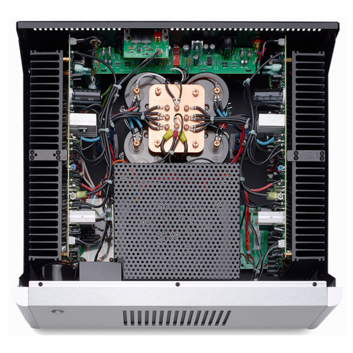 Rotel RB-1582 MkII Stereo Power Amplifier top view with cover removed showing internal components