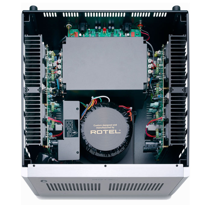 Rotel RB-1590 Stereo Power Amplifier top view with cover removed showing internal components