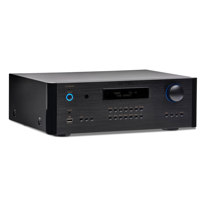 Rotel RC-1590 MkII Stereo Preamplifier, black finish left angled view
