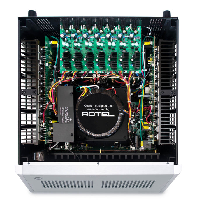 Rotel RMB-1587 MkII 7-Channel Home Theater Amplifier, top view with cover removed showing internal components