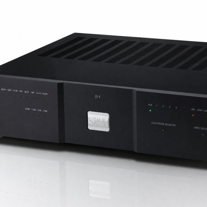 Closeup of Soulnote D-1 Ver2 DAC faceplate in black finish