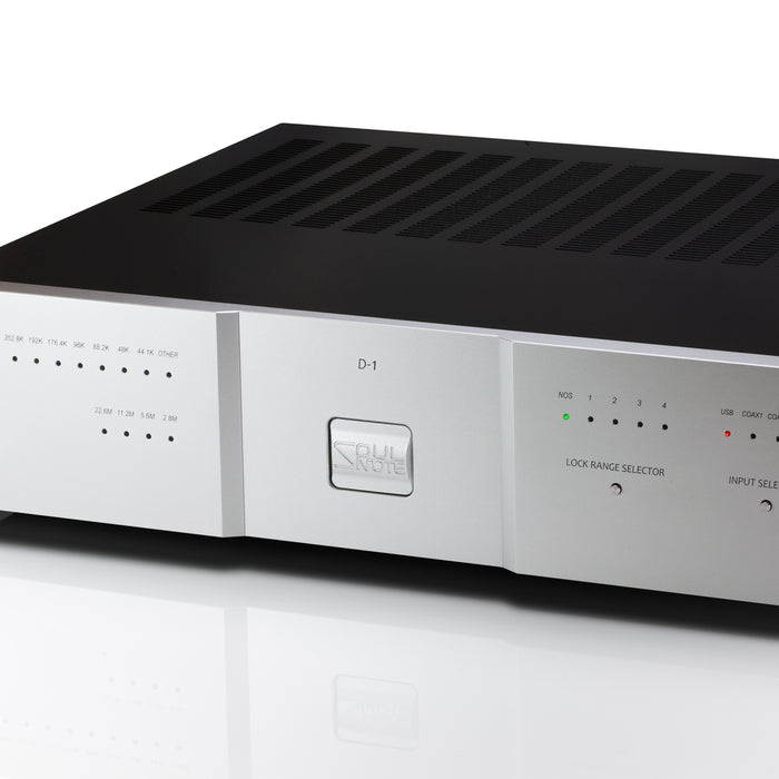 Closeup of Soulnote D-1 Ver2 DAC faceplate in silver finish