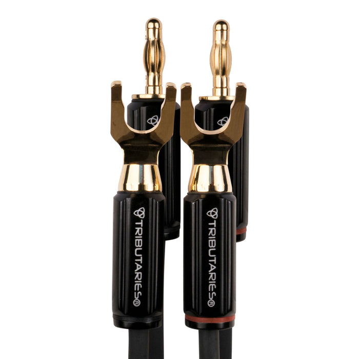 Tributaries Series 4 Speaker Cables, spade and banana connectors close up