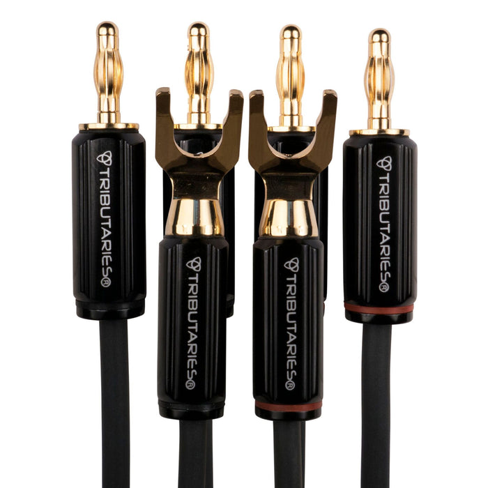 Tributaries Series 4 Bi-Wire Speaker Cables, spade and banana connectors close up