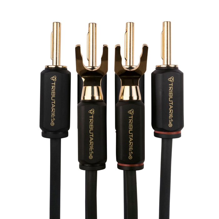 Tributaries Series 6 MkII Bi-Wire Speaker Cables, spade and banana connectors close up
