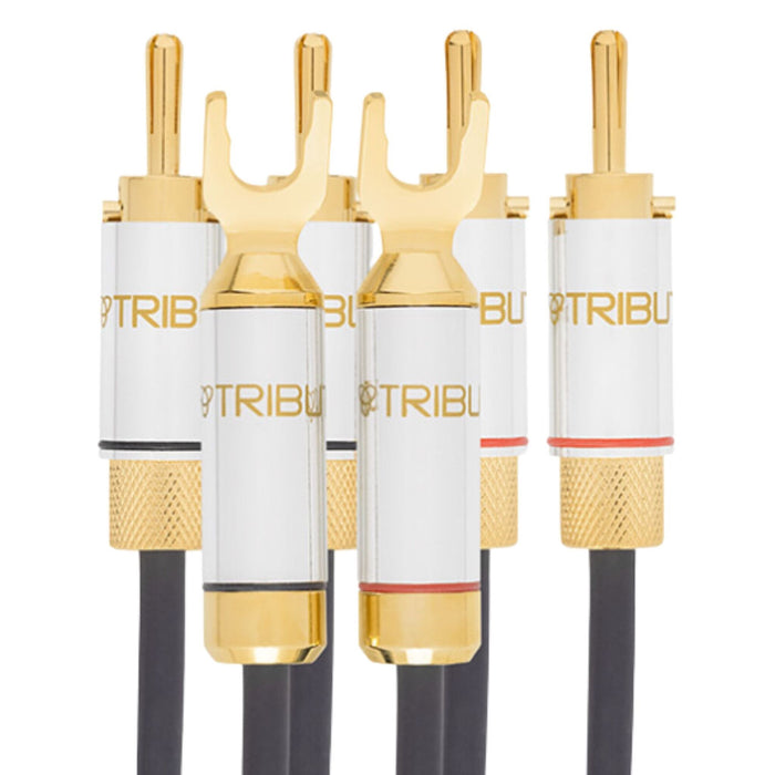 Tributaries Series 8 MkII Bi-Wire Speaker Cables, banana and spade connectors close up
