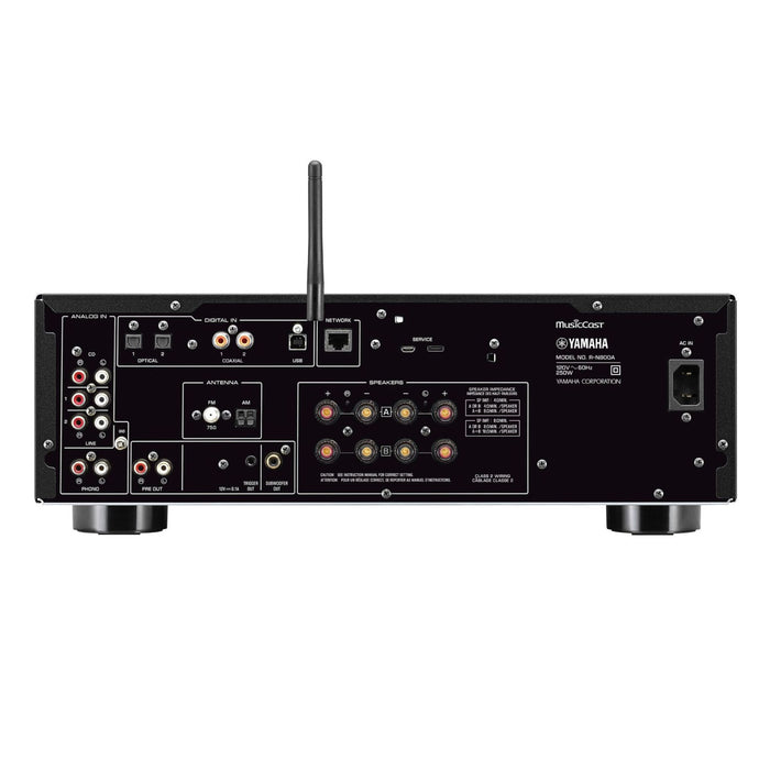 Yamaha R-N800A Network Stereo Receiver, black rear panel, inputs and outputs