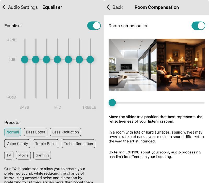 Image showing screenshots of the EQ and Room Correction features for Stream Magic